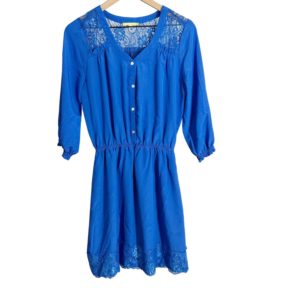 Gianni Bini Lace Trim‎ Button Front Mini Dress Cobalt Blue Medium Feminine